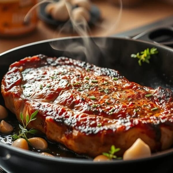 Sizzling steak with garlic cloves and herbs cooking in a black pan on a stovetop.