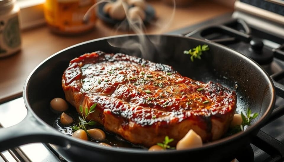 Sizzling steak with garlic cloves and herbs cooking in a black pan on a stovetop.