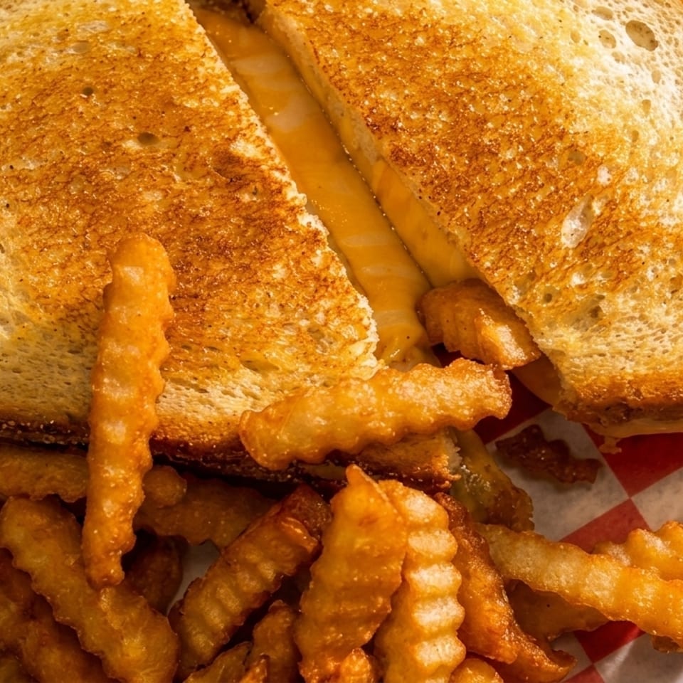 Grilled cheese sandwich cut in half, revealing melted cheese, served with crinkle-cut fries on checkered paper.