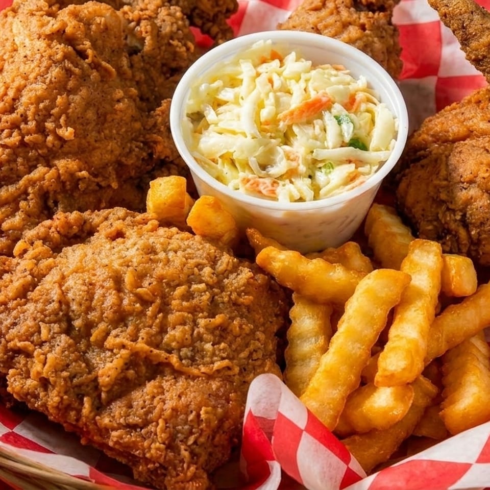 Crispy fried chicken pieces, crinkle-cut fries, and coleslaw in a basket with red and white checkered paper.
