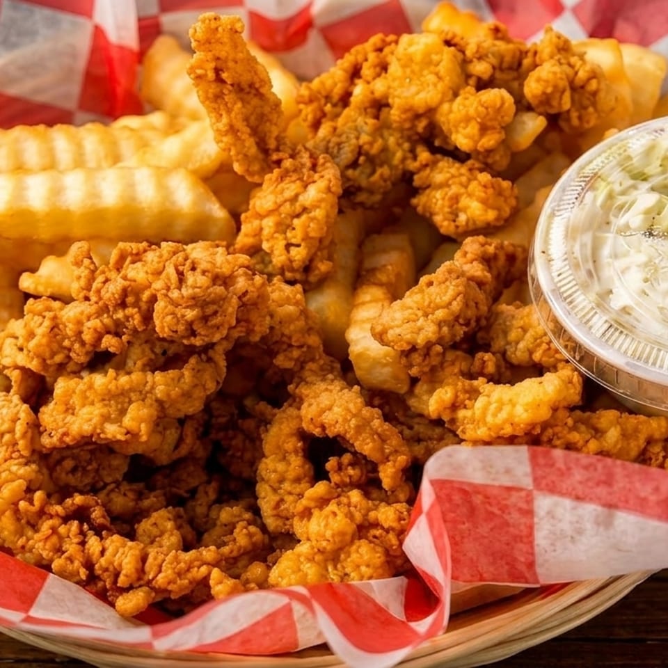 Fried clam strips and crinkle-cut fries in a basket with red and white checkered paper, with coleslaw.