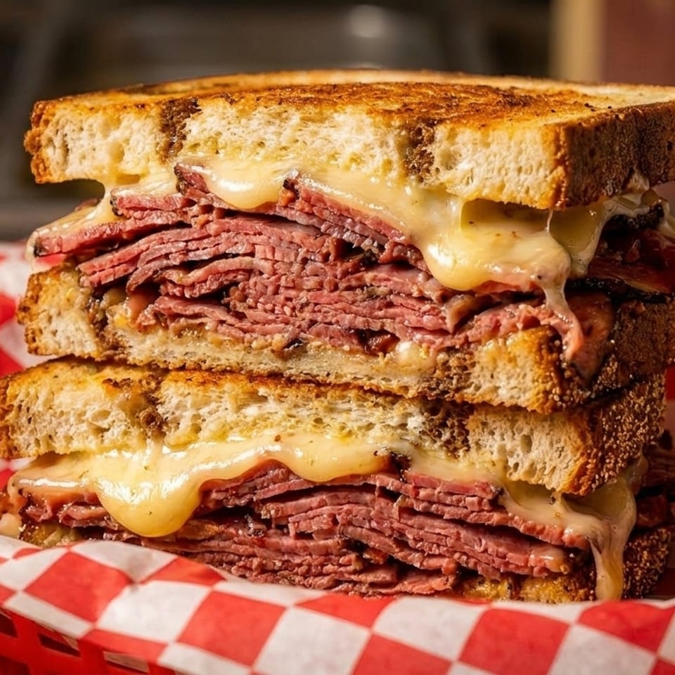 Stacked pastrami and melted cheese sandwich on toasted bread, served in a red and white checkered basket.