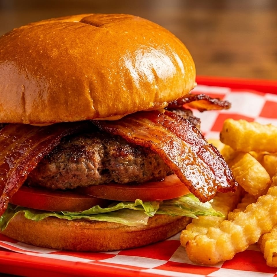 Bacon cheeseburger with lettuce and tomato, served with crinkle-cut fries on a red tray.