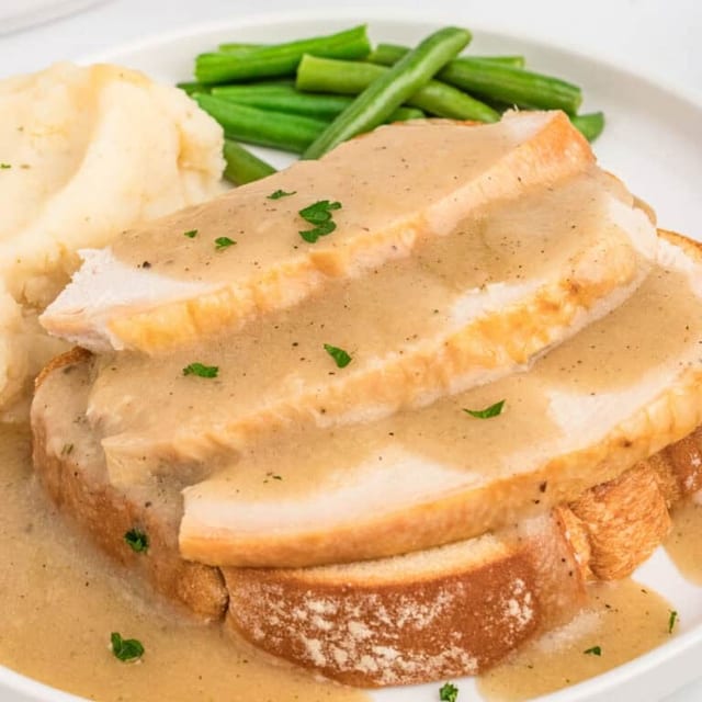 Open Face Turkey on Bread with Gravy.